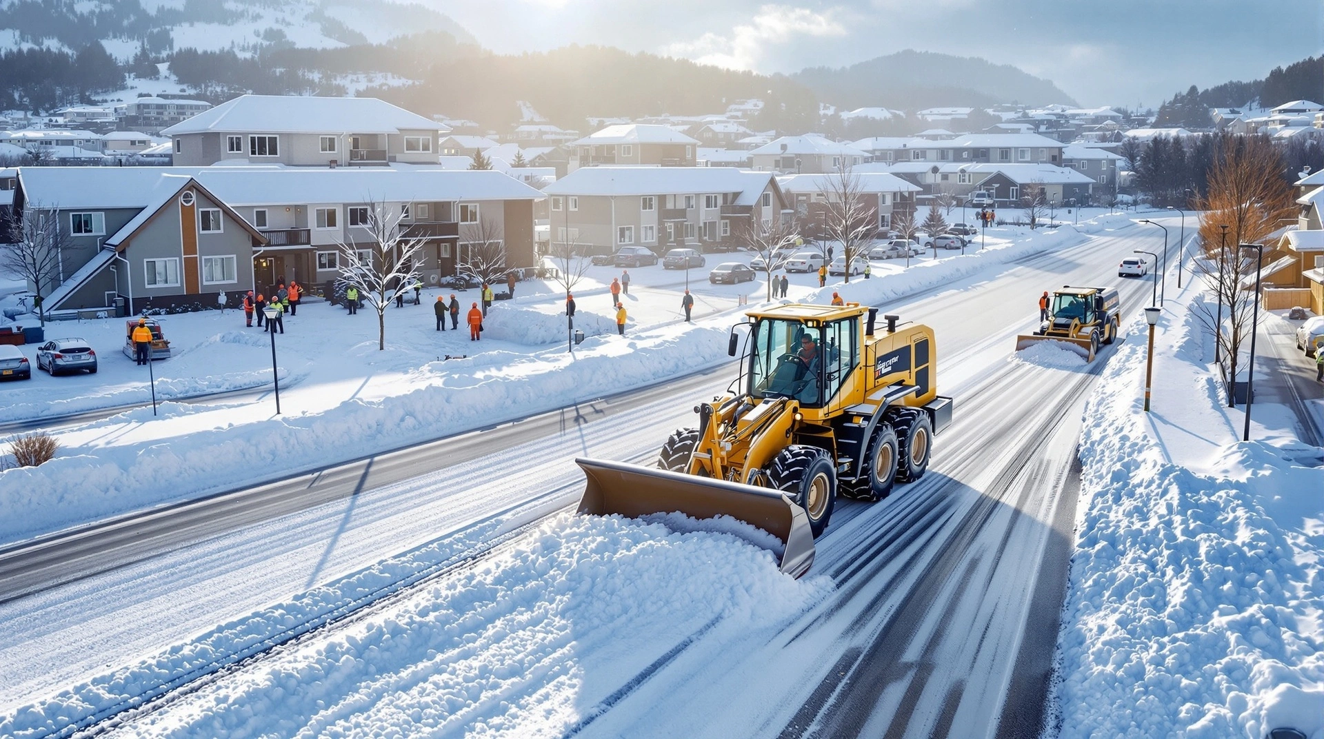 北見市でのタイヤショベルによる除雪作業風景